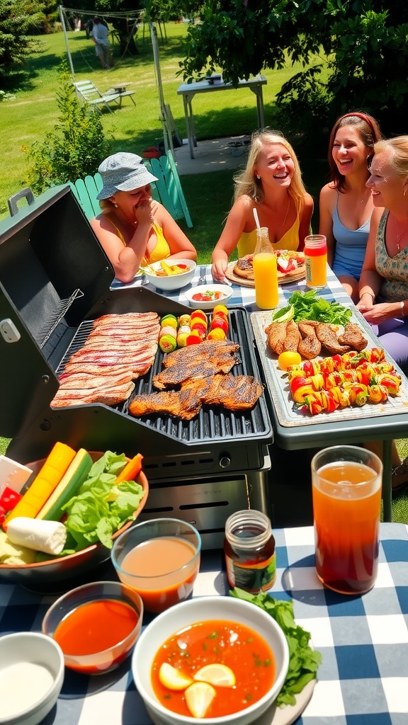 A BBQ grill with steaks, chicken, and vegetable skewers being grilled, with a picnic table full of sides and drinks in a sunny outdoor setting.